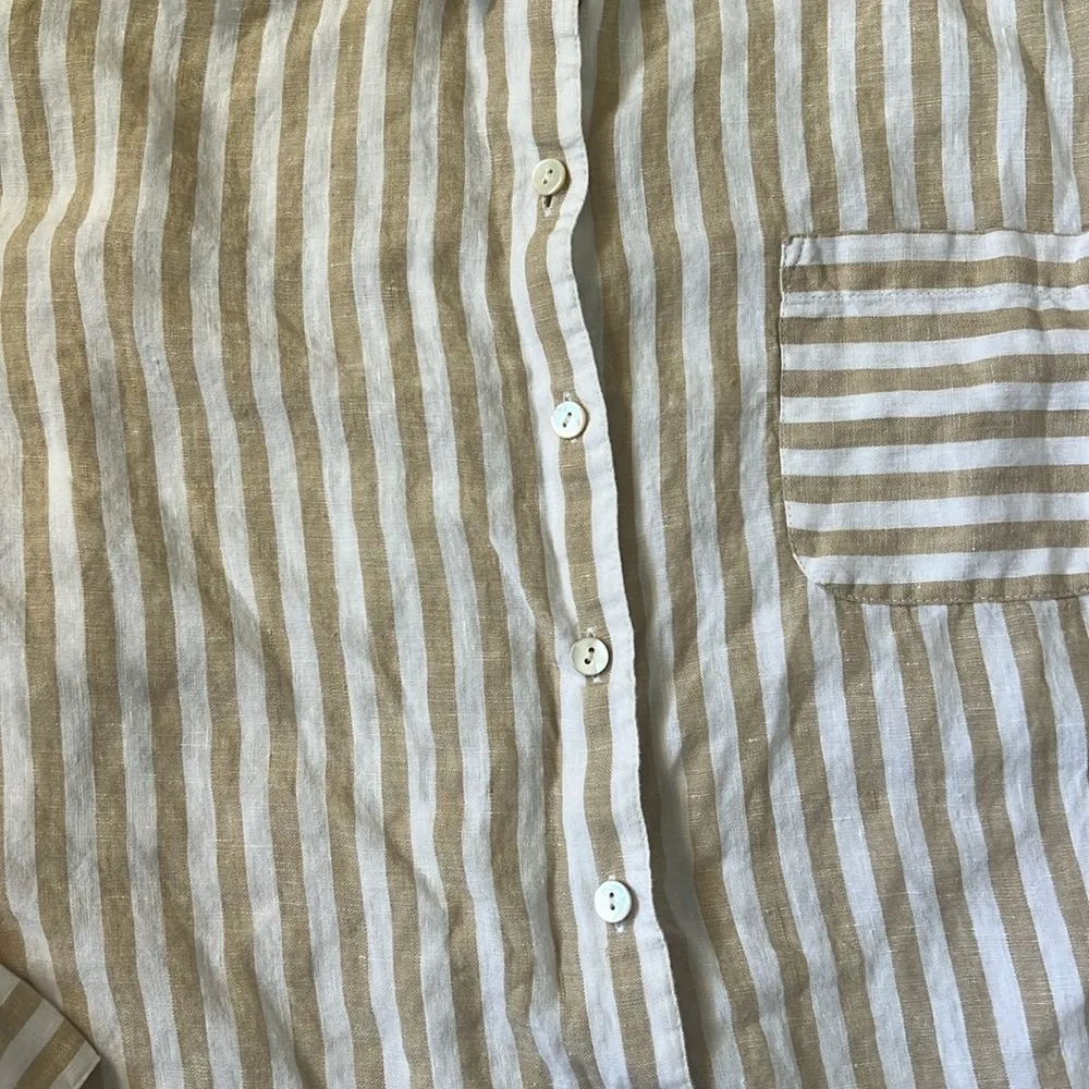 J.Jill Love Linen Beige and White Striped Button Down Size Medium - Image 3
