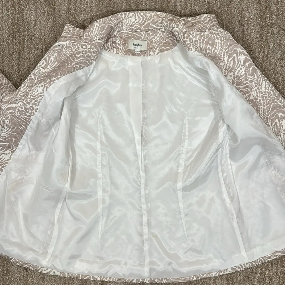 Neiman Marcus Silk Blend Jacket Blazer Animal Print Taupe Cream White Military 6 - Image 7