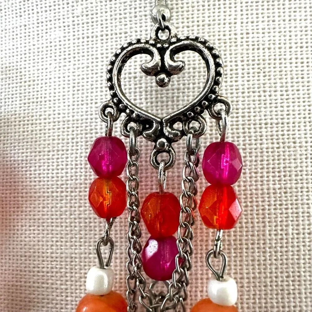 Orange pink white beaded heart dangling earrings - Image 6