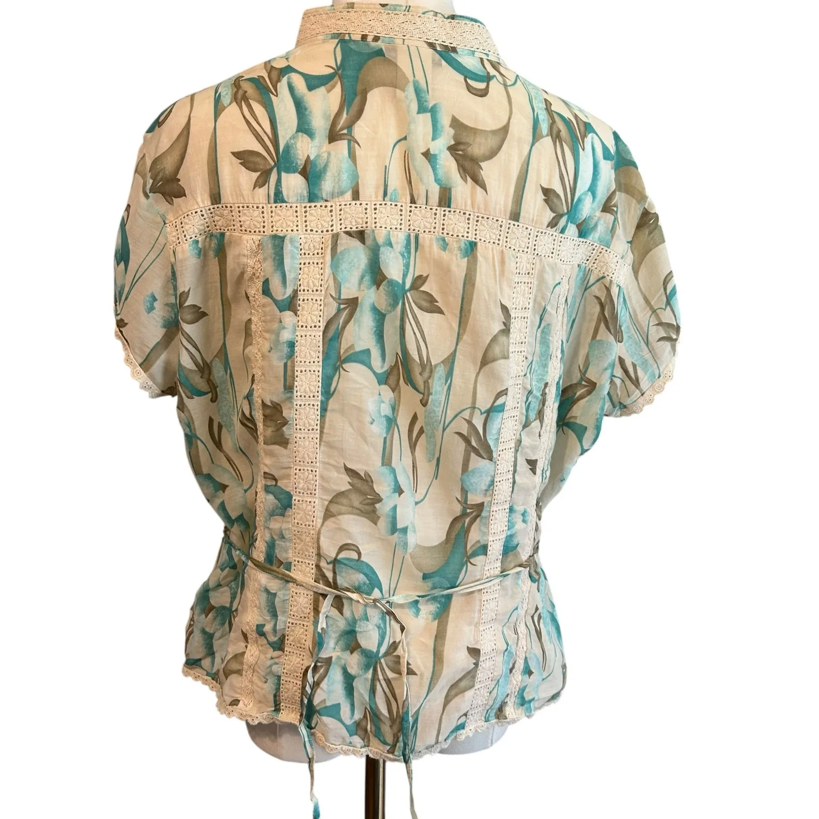 Nygard Collection Silk Blend SZ 12P Crochet Tie Back Cap Sleeve Boho Chic Floral Blue Size M - Image 7