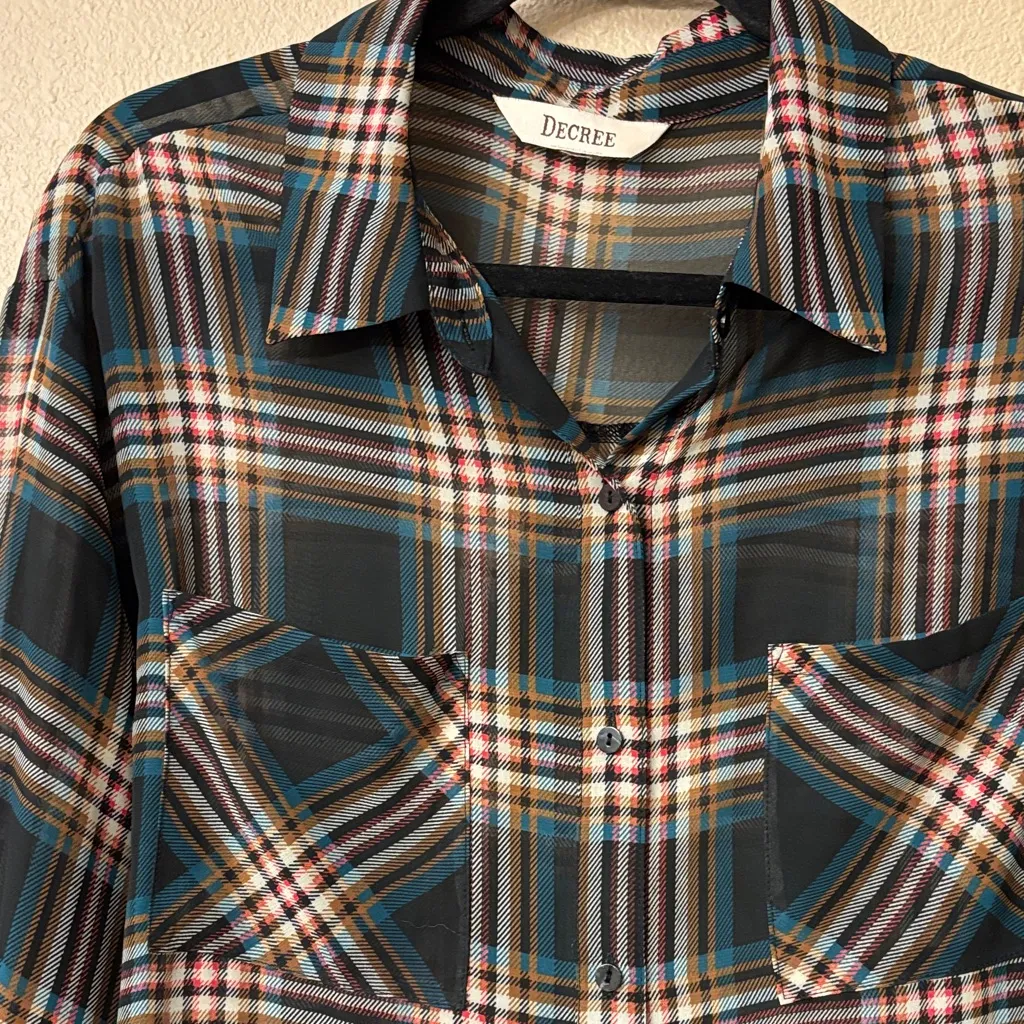 Decree LARGE Semi-Sheer Multicolor Plaid Button Down Shirt Roll Tab Long Sleeves - Image 4