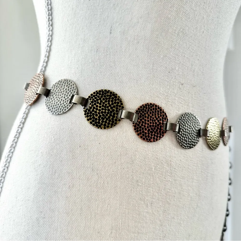 Vintage Metal Mixed Color Hammered Round Coin Plate Chain Link Belt One Size Vintage Metal Mixed Color Hammered Round Coin Plate Chain  main image 3