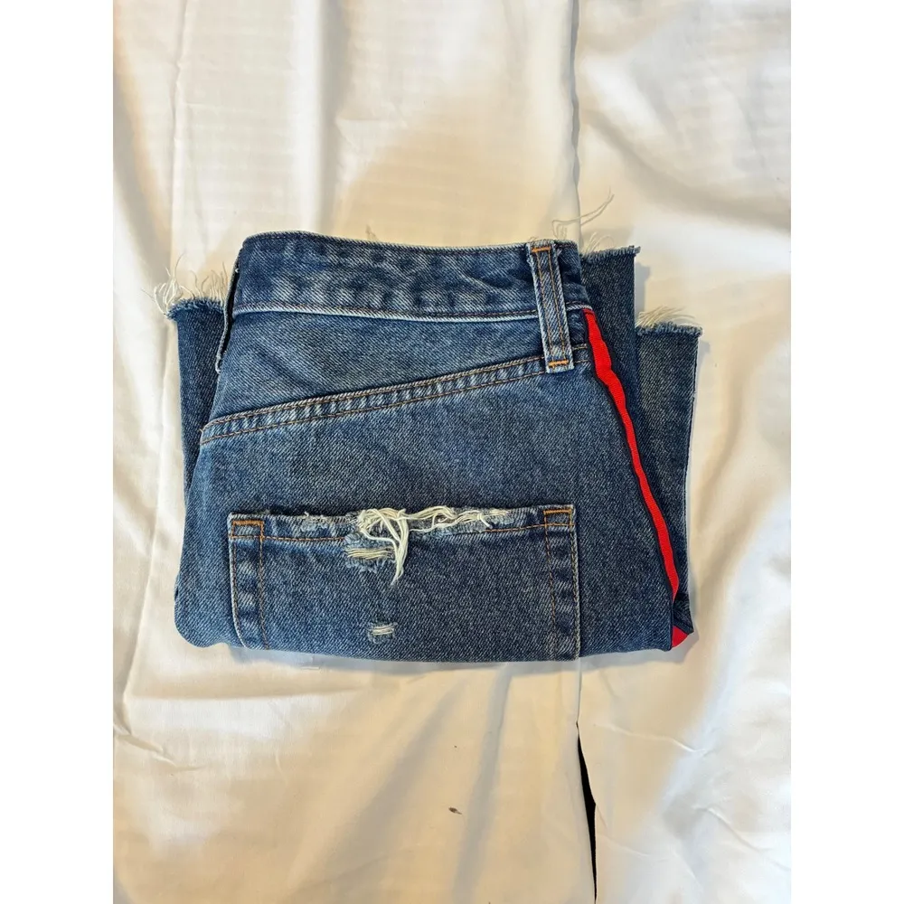 Abercrombie & Fitch Zoe Denim Mini Skirt Red Stripe Raw Hem ALine Casual SZ-28/6 - Image 2