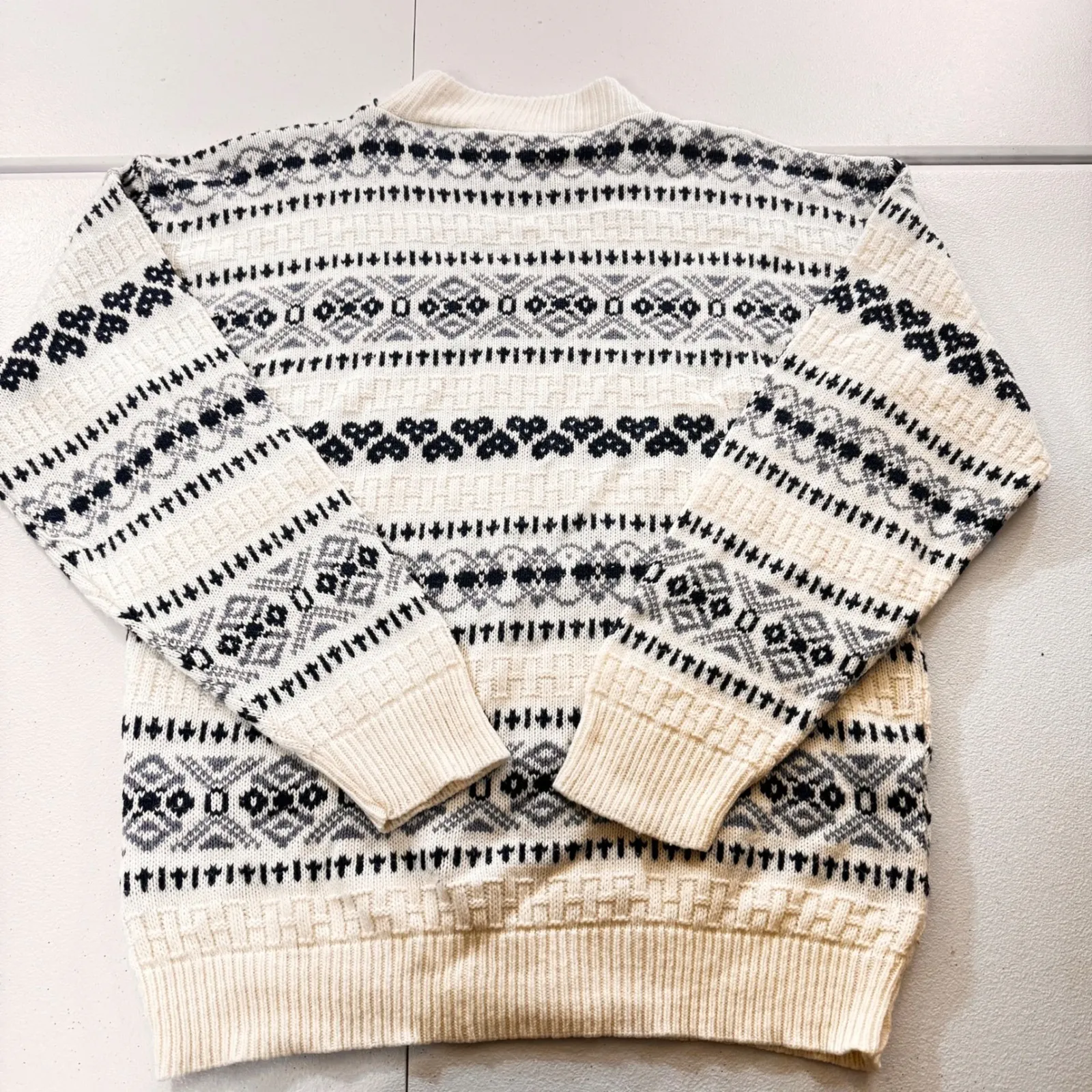 VTG 80 Fair Isle Knit Sweater Women L Cream Navy Gray Geometric Pattern USA chic Size L - Image 6