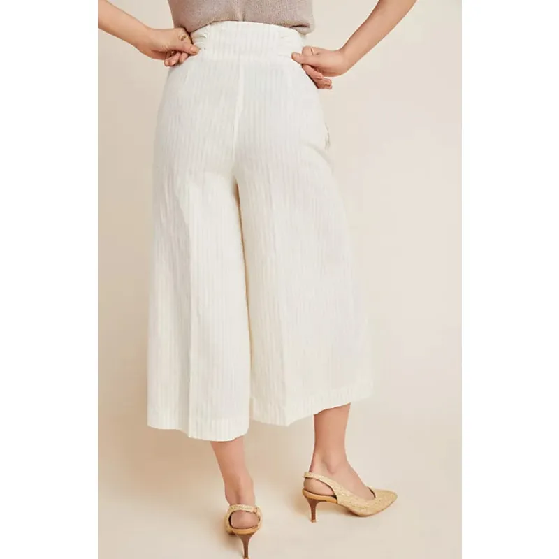 Anthropologie‎ Pinstripe Palm Beach Belted Crop Pants Cream Size 10 - Image 3