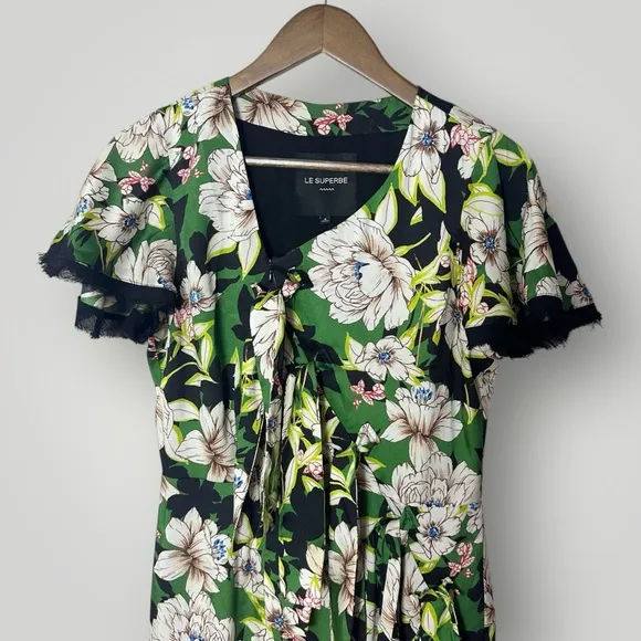Le Superbe Gardenia Floral Midi‎ Dress Size 4 Green Black Tie Front Slit - Image 6