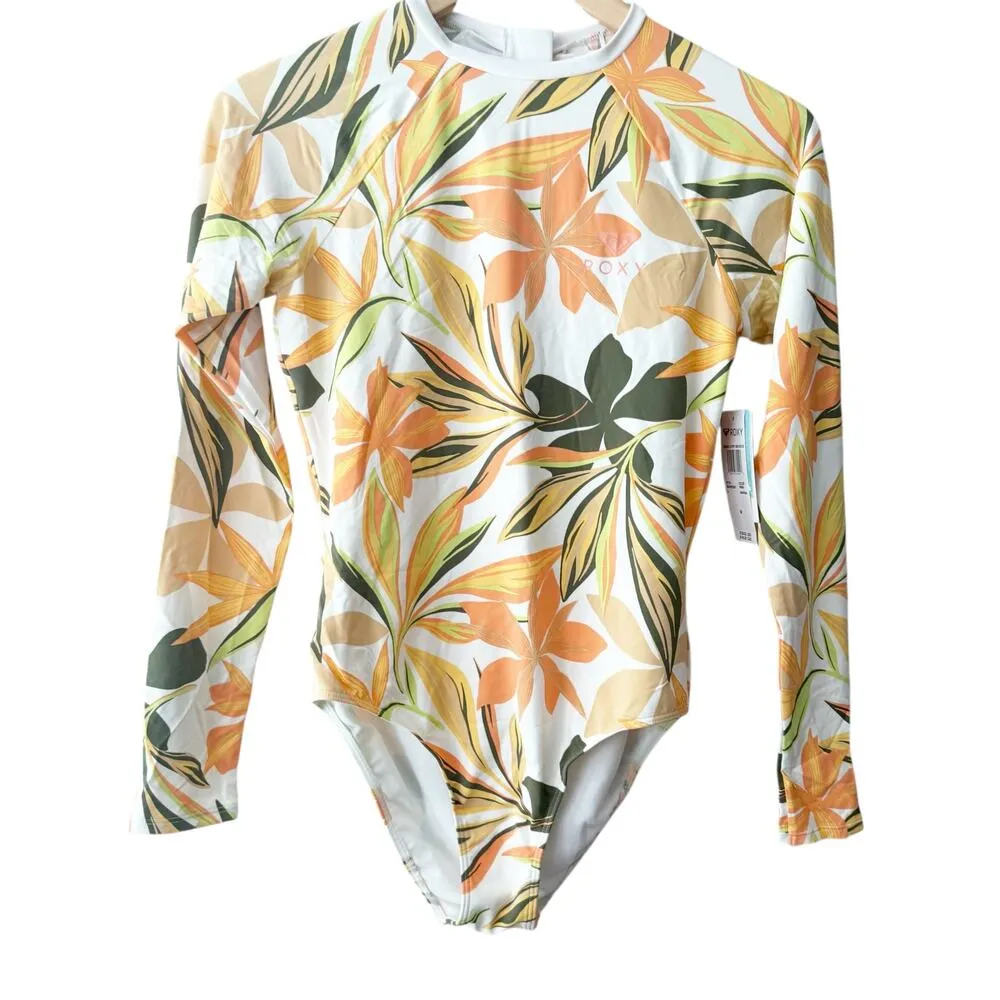 Roxy Long Sleeve UV Tropical Floral Print Bodysuit One Piece Swim Surf Rashguard - Image 5