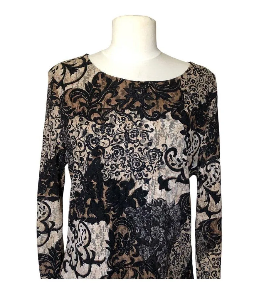 Classique Entier Black Beige Baroque Floral Lace Long Sleeve Top Women's Size XL - Image 2