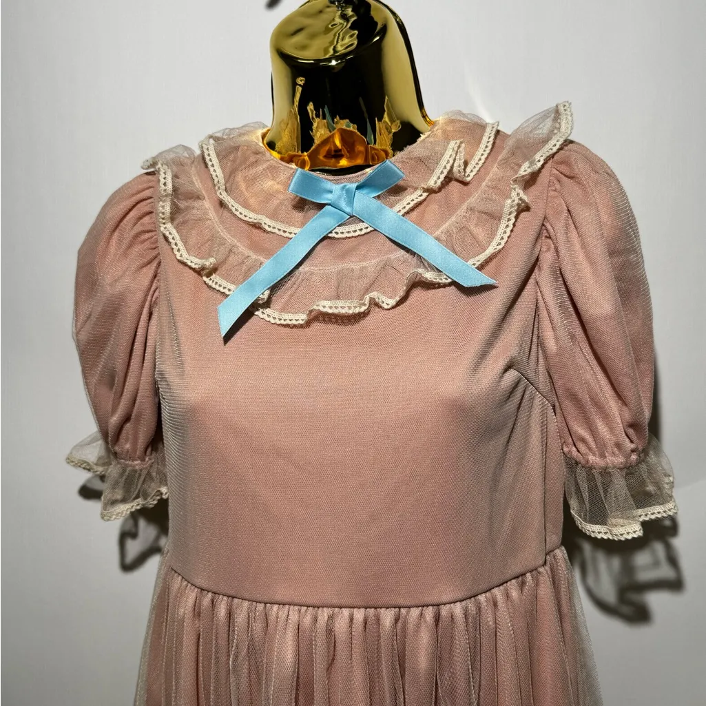 Pink Cottagecore Puff Sleeve Lace Ruffle Tulle Dress Size Small Fit & Flare - Image 2