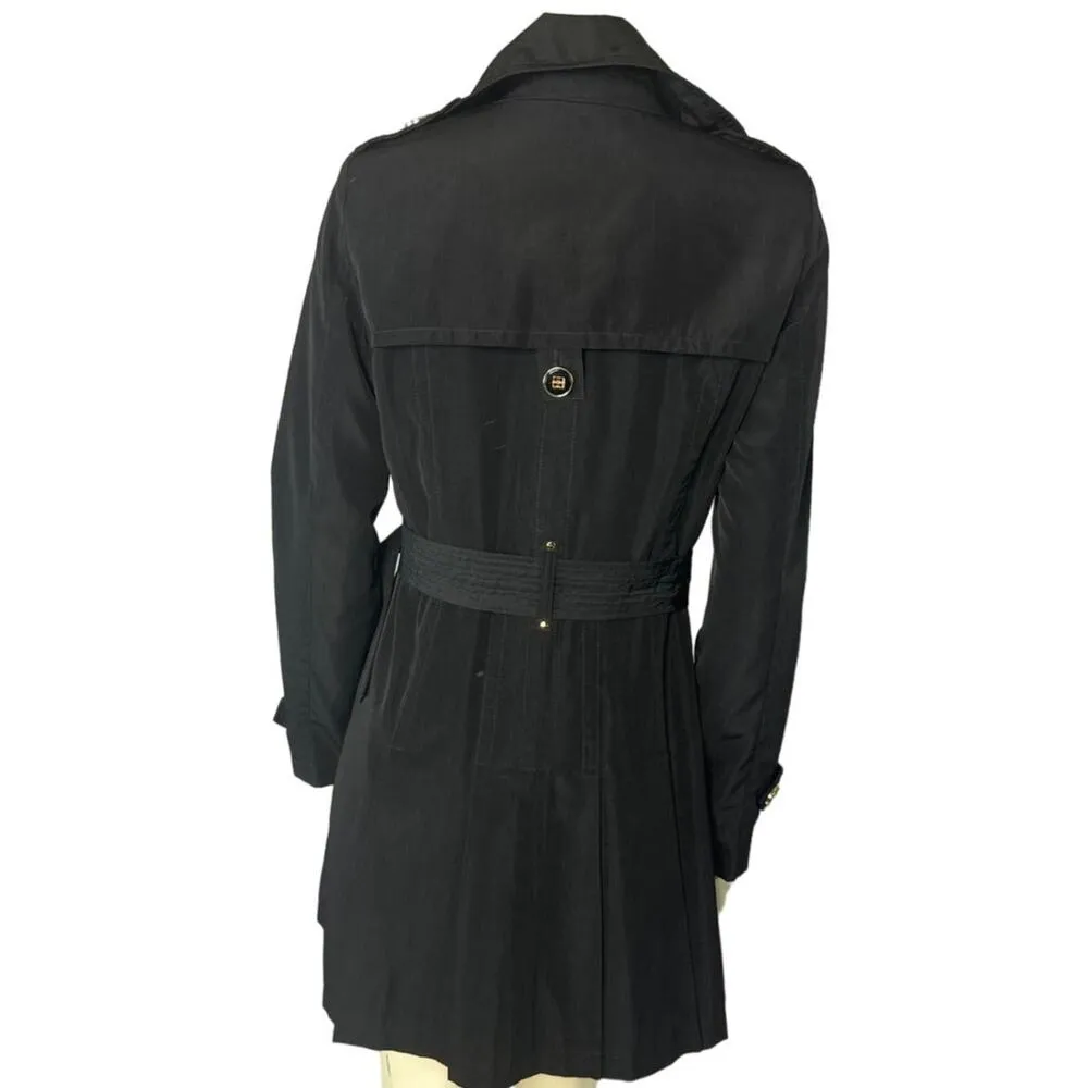 Kenneth Cole black trench coat with gold buttons and belt size medium - Image 2