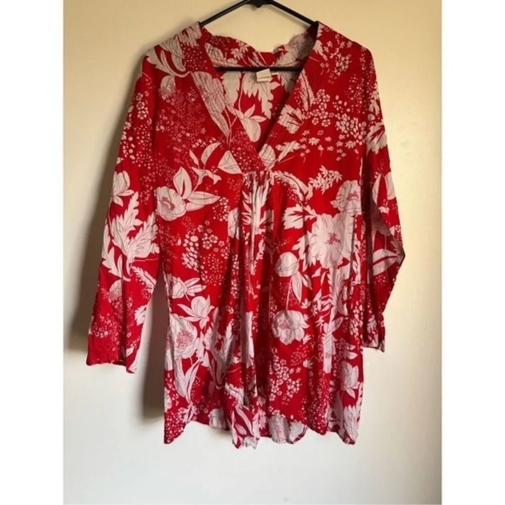 Alder Simplement Womens 100% cotton Red Floral Vneck Blouse sz L Beachy‎ Travel - Image 2