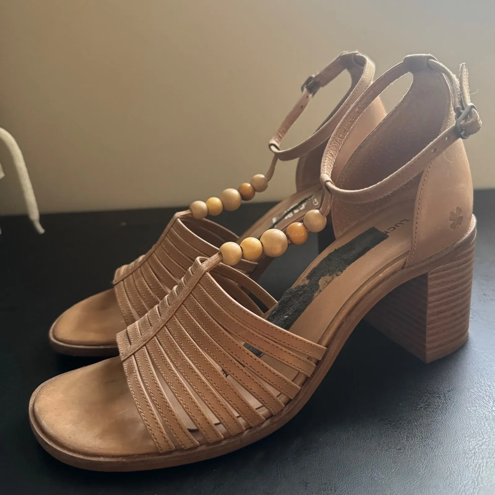 Lucky Brand Womens Chunky Leather Brown Beaded Block Heel Sandals sz 7.5 Strappy - Image 4