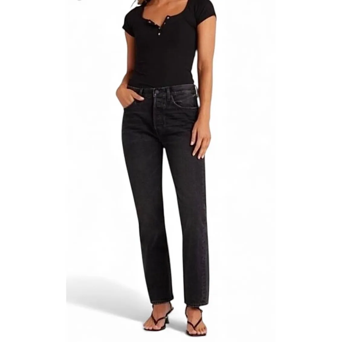 Edwin Simon Mid Rise Straight Leg Black Jeans 27 Denim Button Fly NWT - Image 2