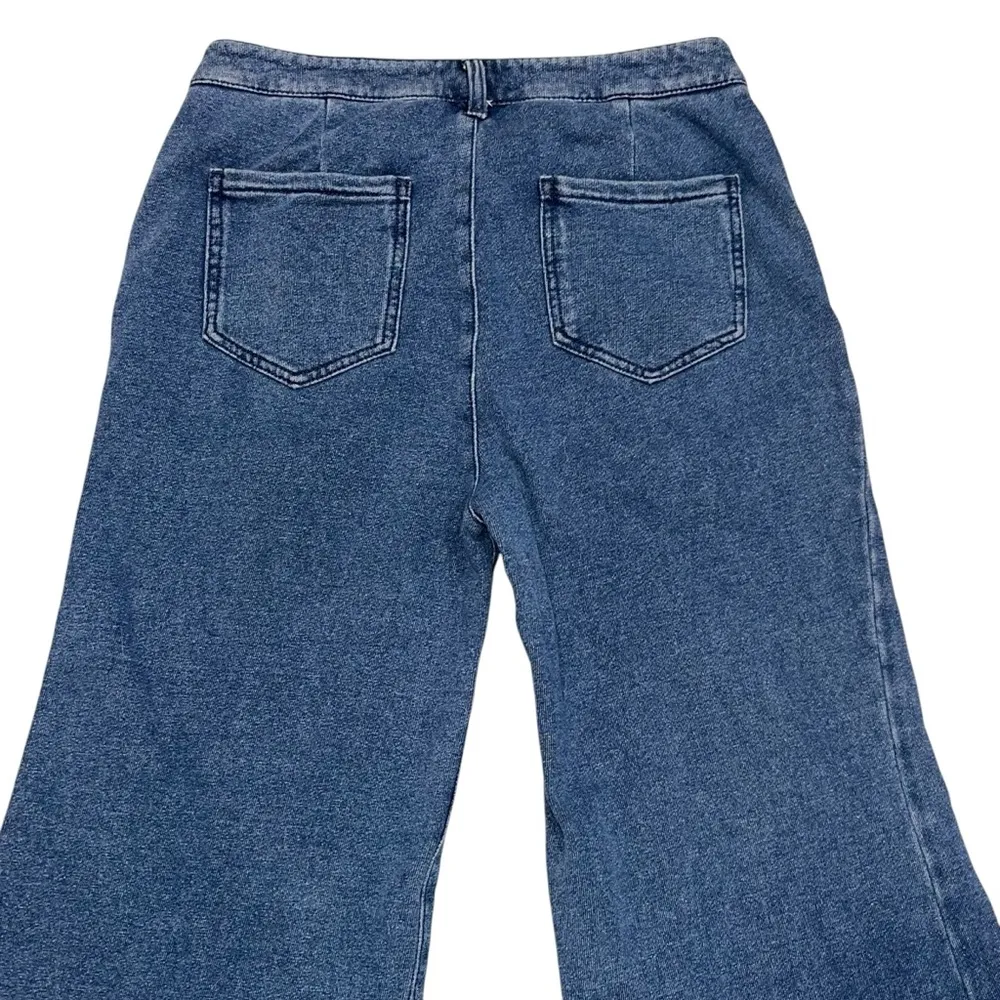 Anthropologie Blue Jersey Knit Denim Wide Leg Bell Bottom Flare Leg Pants 29 - Image 4