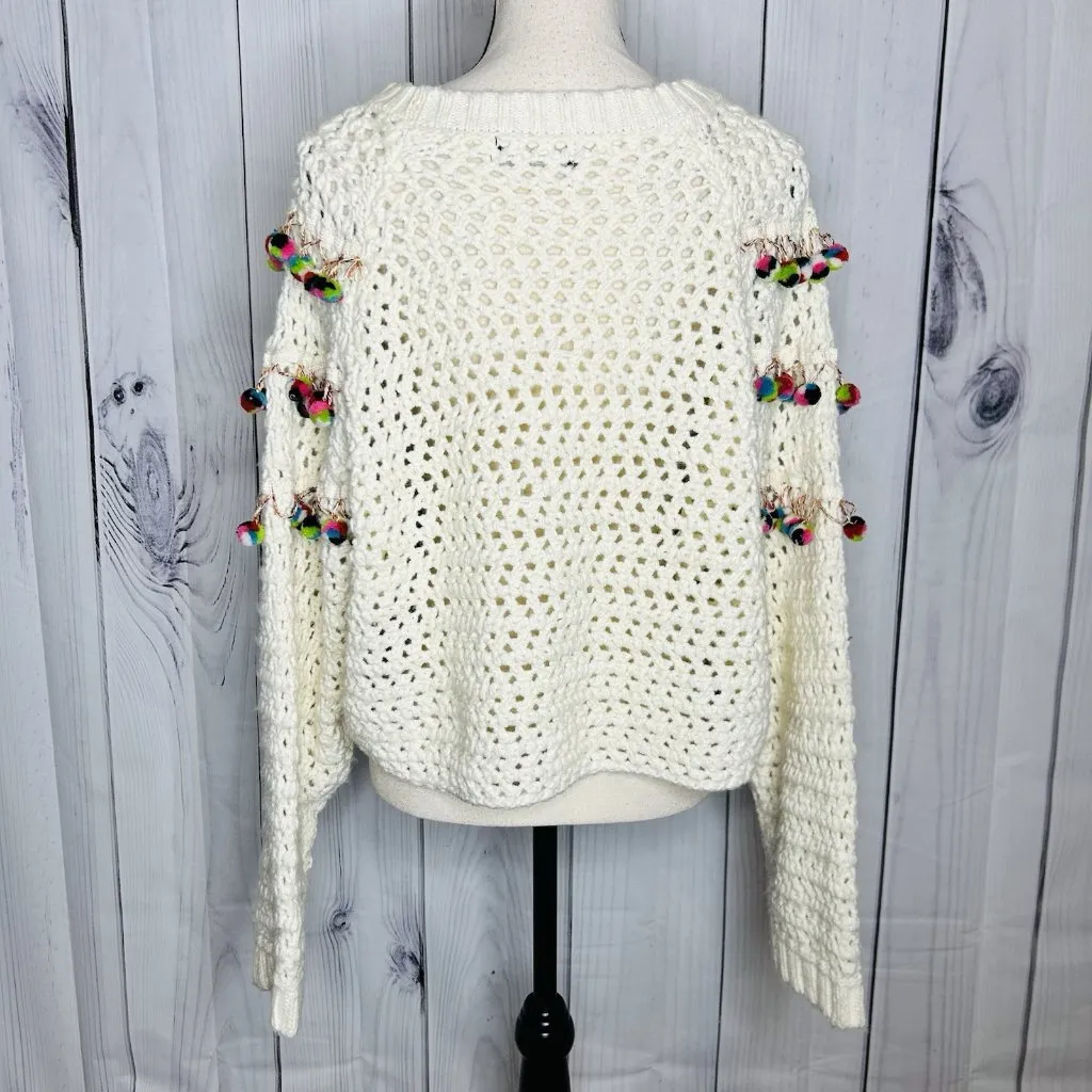ZARA Chunky Open Knit Wool Blend Sweater Size S Pom Pom Oversized Artsy Boxy - Image 8