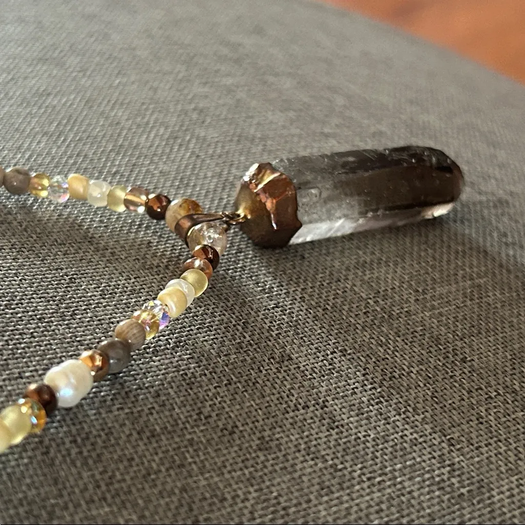 Handmade Pearl + Seed Bead Beaded Necklace with Smoky Quartz Pendant - Image 2
