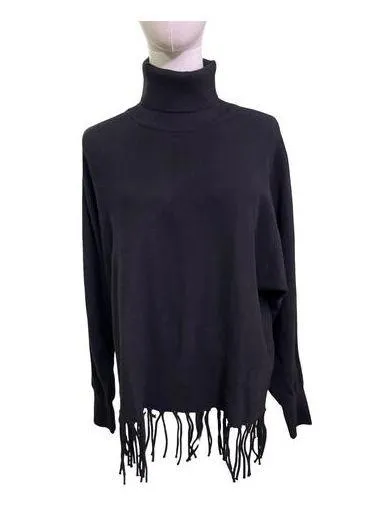 Carmen Marc Valvo Black Turtleneck Fringe Sweater L Viscose Blend Long Sleeve Size L - Image 1