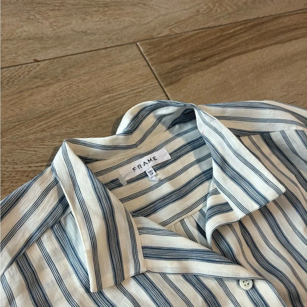 Frame Stripe Clean Collar Linen Blend Shirt In Off White Multi - Image 10