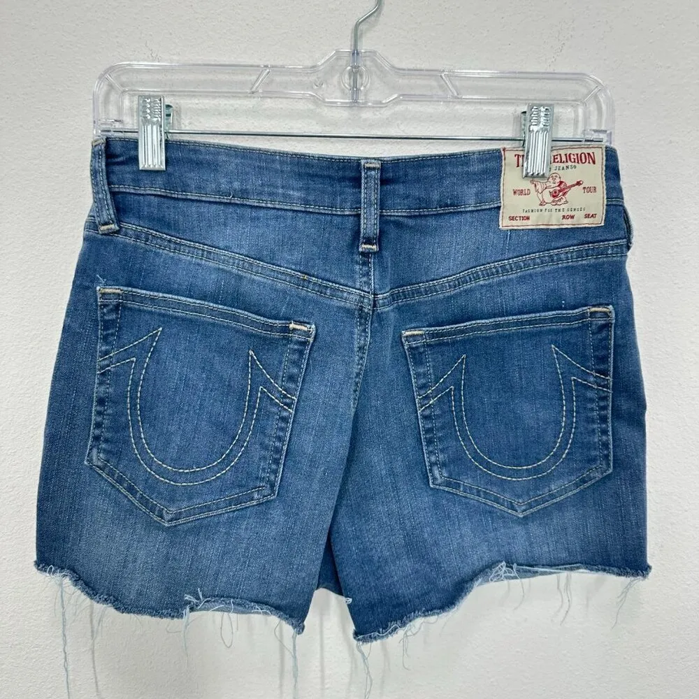 True Religion Maisie Frayed Hem Shorts Medium‎ Wash High Rise Women's Size 27 - Image 2