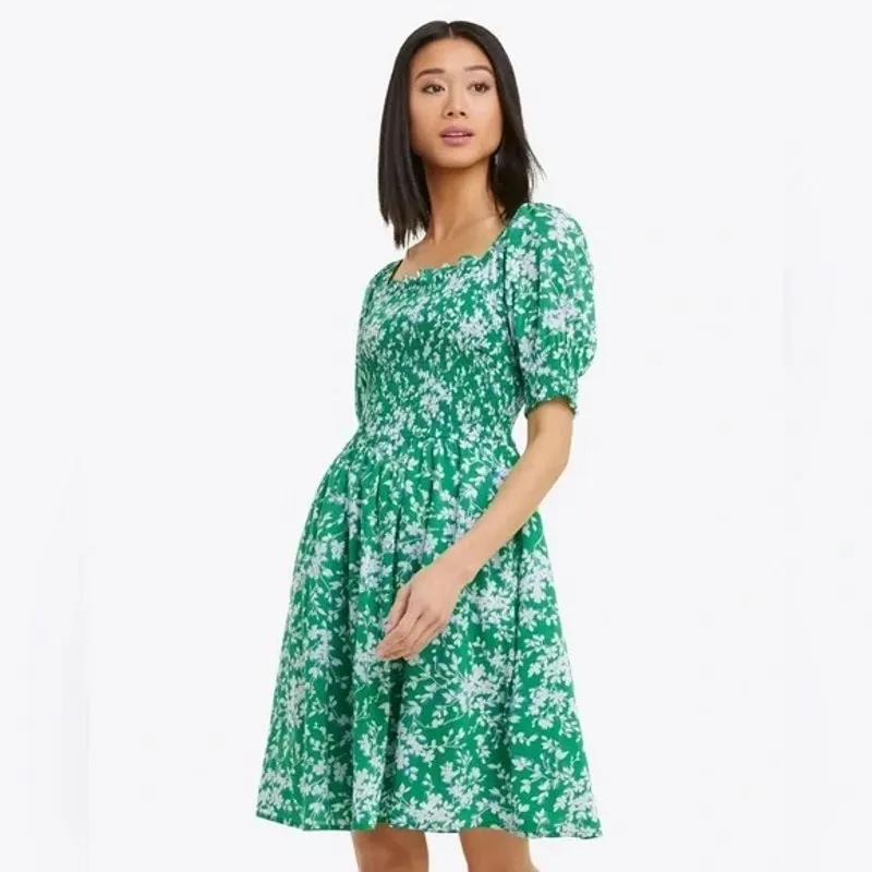[Draper James] Green Shadow Cam Smocked Floral Puff Sleeve Mini Dress Sz Medium - Image 2