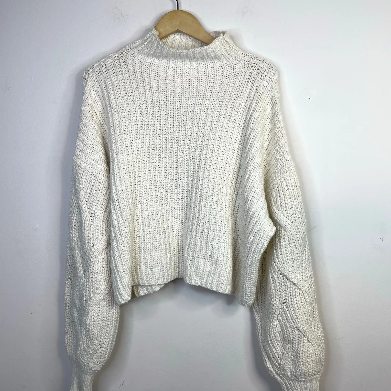 Free People Seasons Change Cotton Chunky Cable Knit Mock Neck Sweater Cream L - Image 3