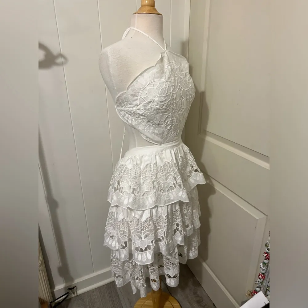 Farm Rio $280 White Richilier Cotton Mini Halter XL Dress Lace Tiered NEW - Image 4