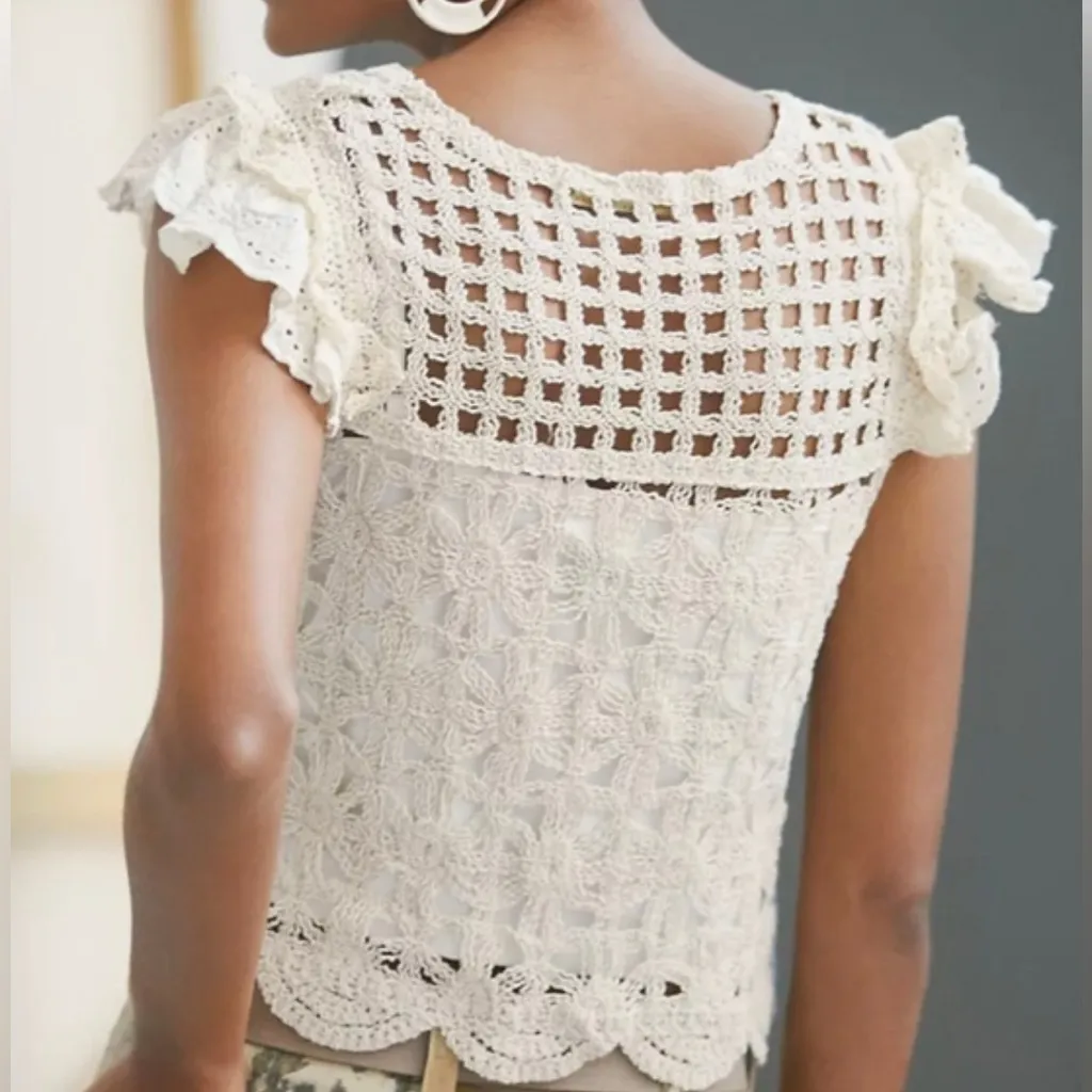 Bishop + Young from Anthropologie Crochet Cream Eyelet Flutter Sleeves top XXS - Image 2