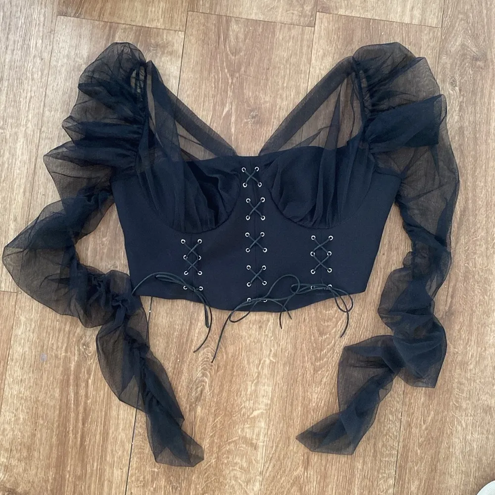 NWT Cup of Stars Black Corset Bustier Sheer Long Sleeve Crop Top Large Grunge - Image 6