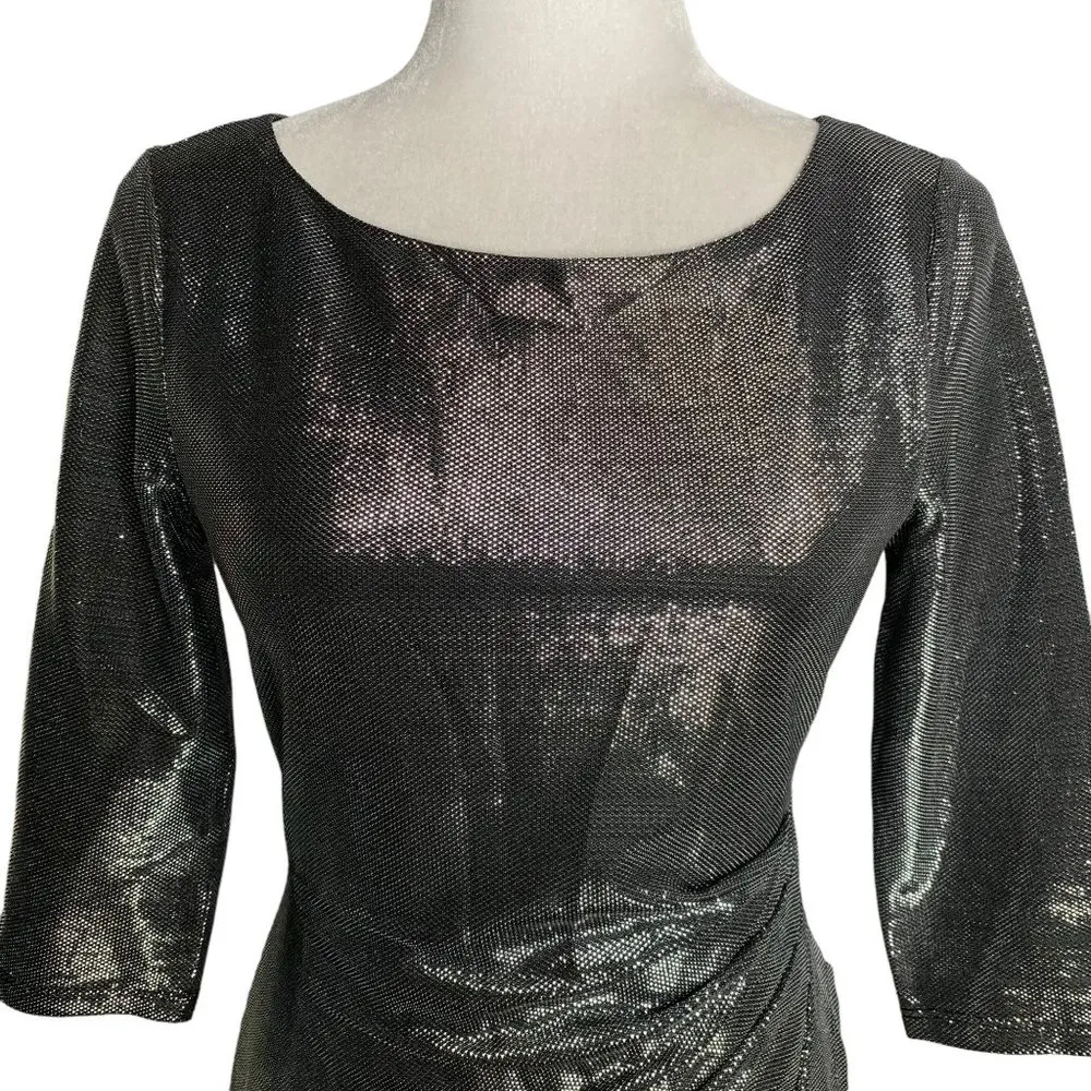 Jump Apparel Metallic Bodycon Mini Dress S Silver Black 3/4 Sleeves Zip Stretch - Image 2