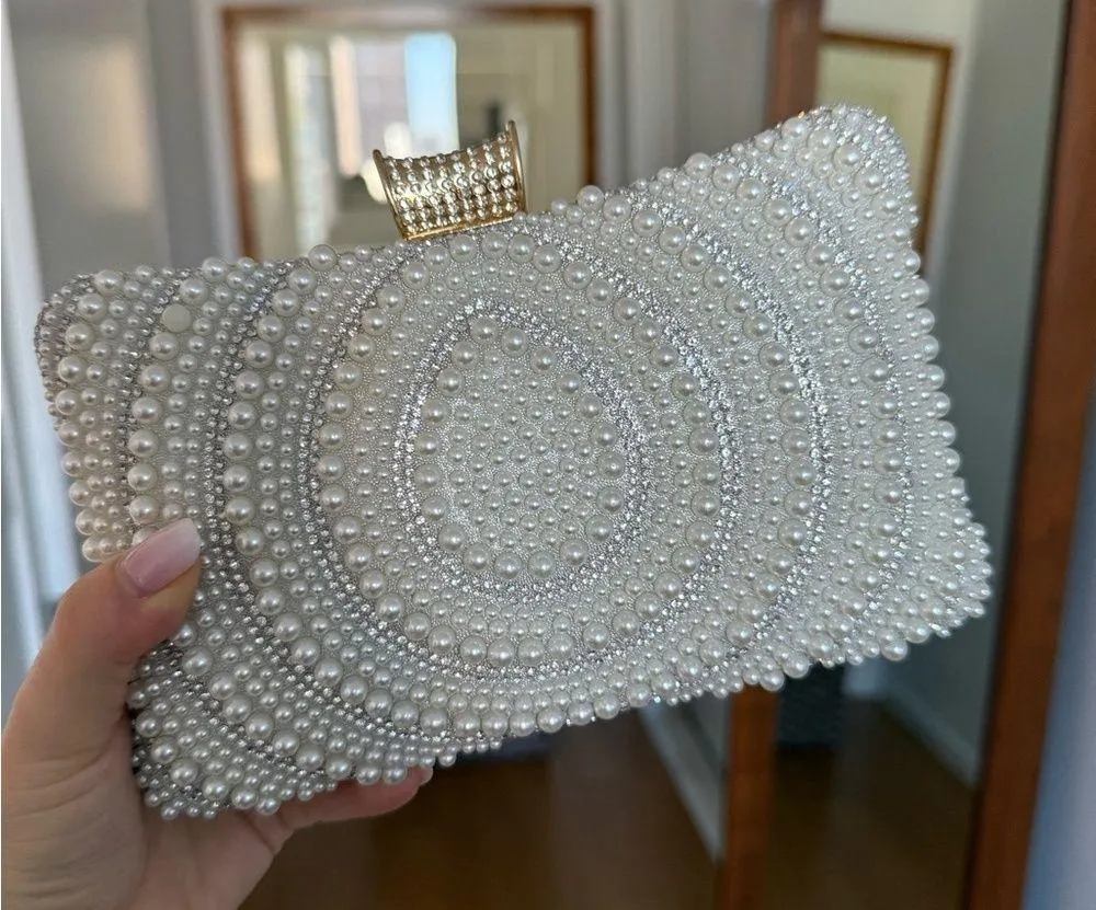 *NEW* Bridal Evening White Pearl Beaded Clutch with Removable Chains - Image 7