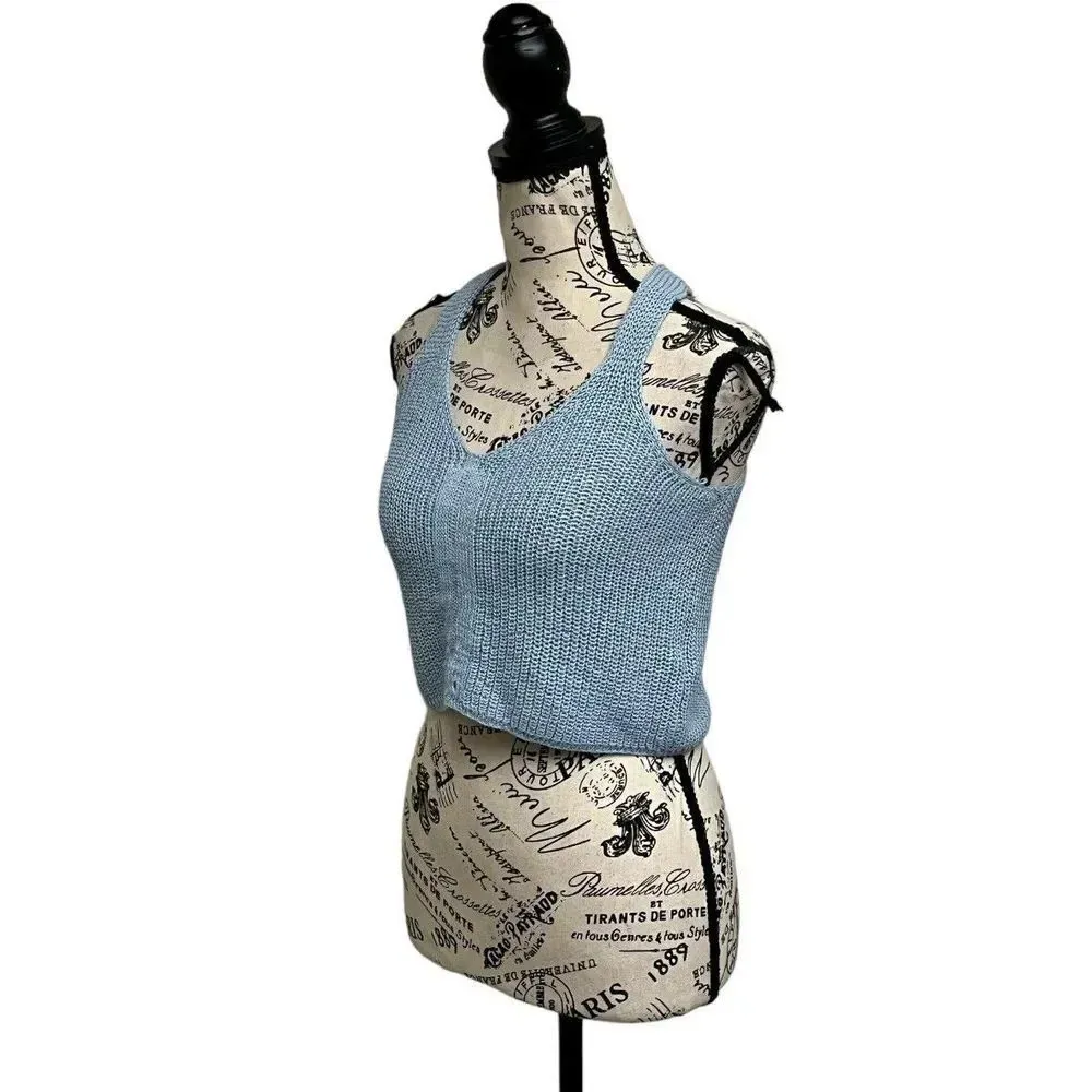 Jolie And Joy Light Blue Vneck Cropped Pullover Crochet Top M Boho Beach Peasent Size M - Image 2