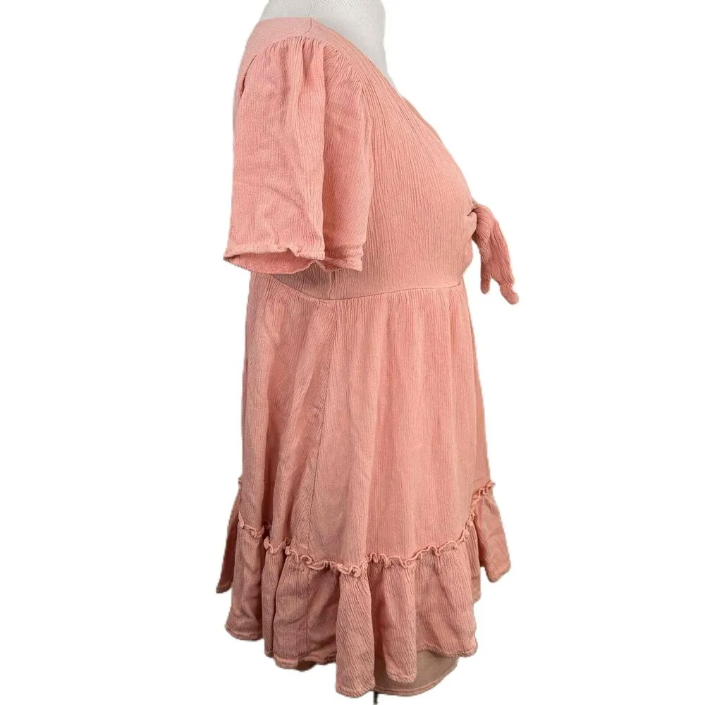 Altar'd State Pink Peach Short Sleeves V-Neck Ruffle Tie Front Dress Size M - Image 8