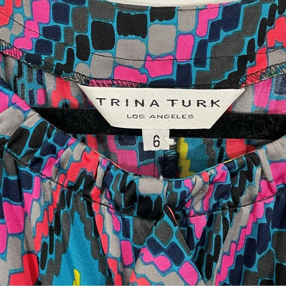 Trina Turk Ruth Later Gator Ruffle Dress Size 6‎ Silk Blend Mixed Media Contrast - Image 3