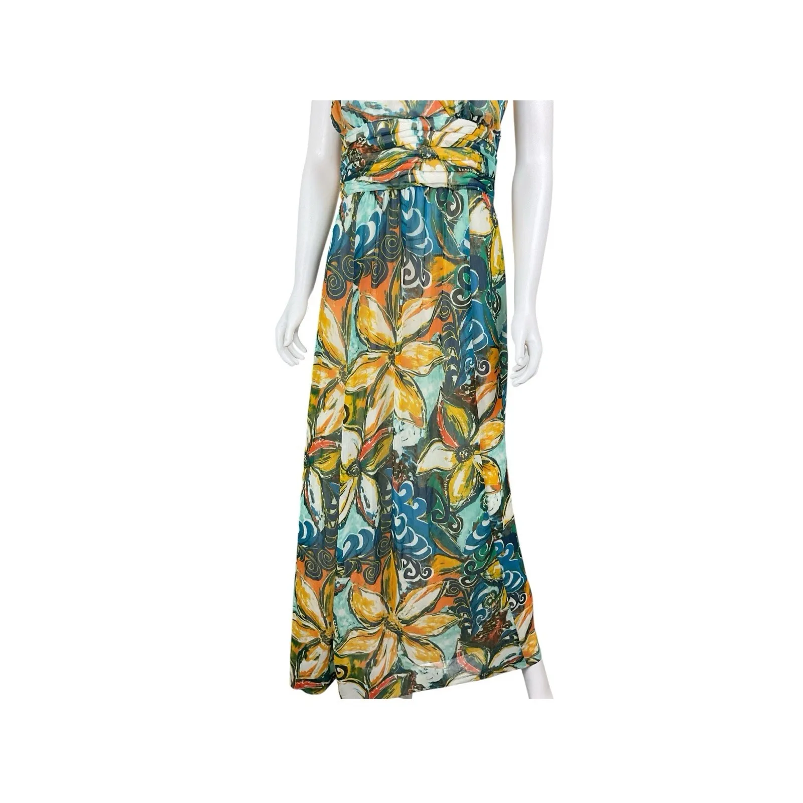 SANGRIA Lined Colorful FLORAL CHIFFON Gathered Neckline/Waist Zip MAXI Dress‎ 10 - Image 4