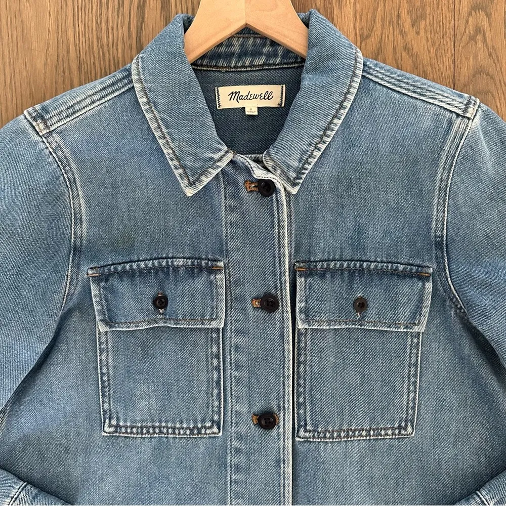 Madewell Northward Cropped Military Army Denim Jacket in Light Blue Wash Small - Image 4