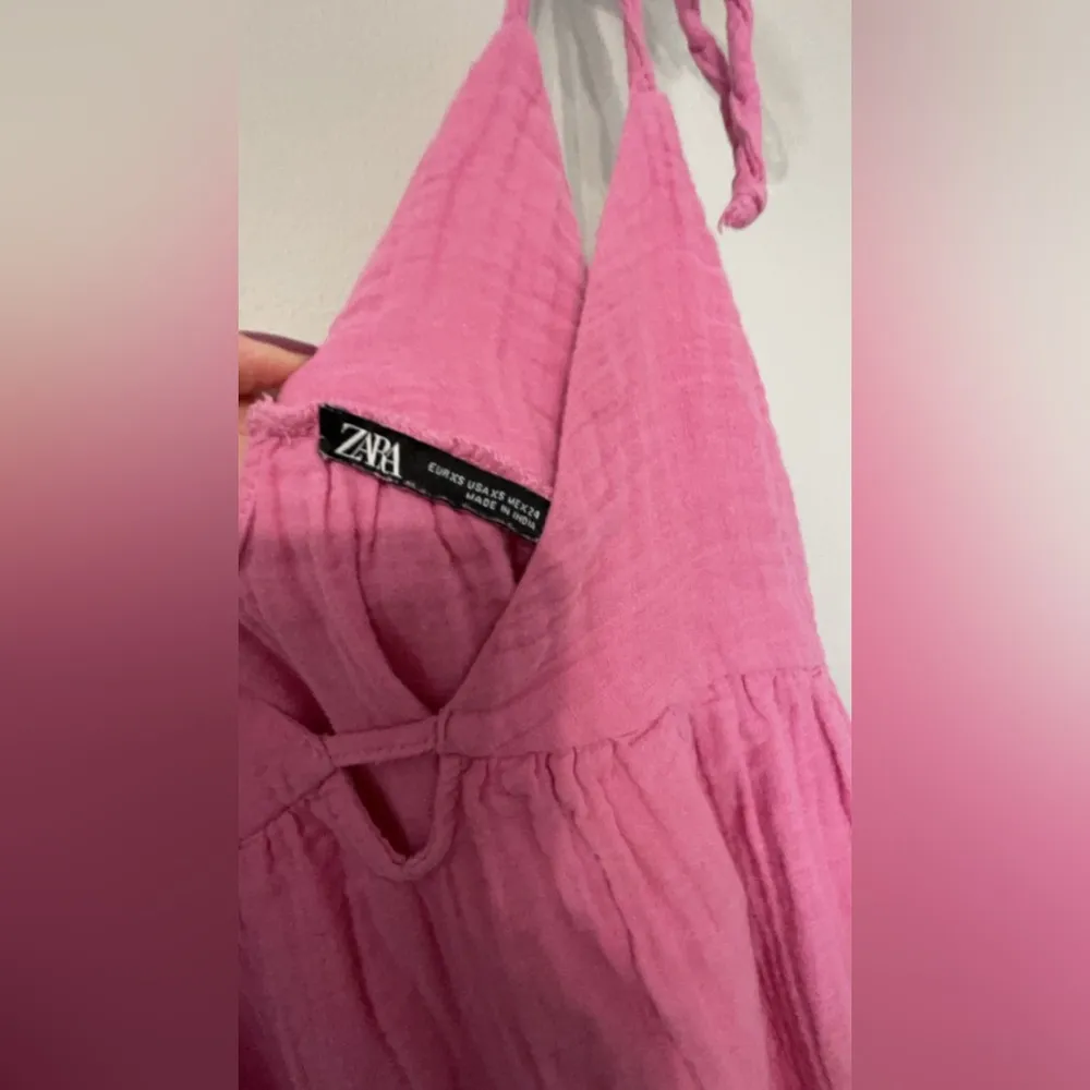 ZARA Cotton Candy Pink Tiered Maxi Dress Size XS Oversized Ties at Shoulder - Image 7