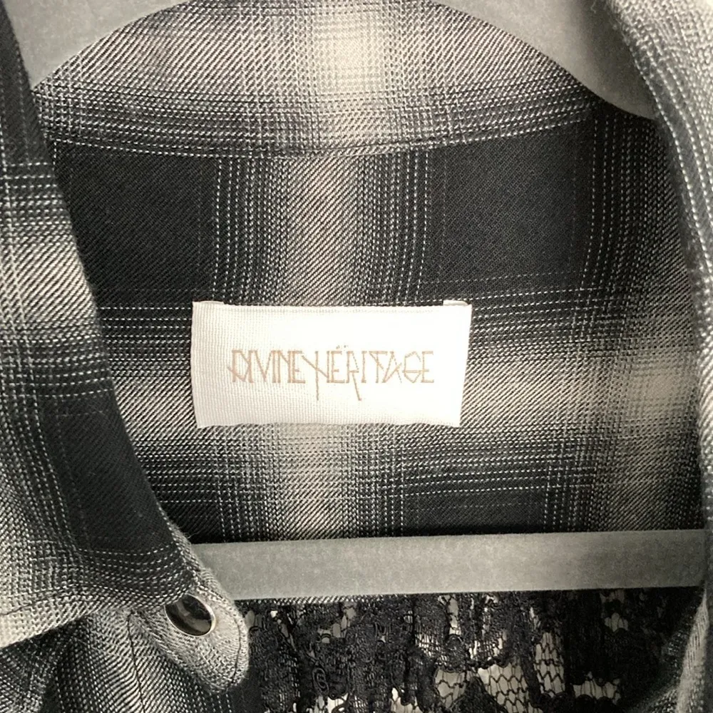 Divine Heritage Revolve Lace Button Front Plaid Shirt Gothcore Ruffles Medium Gray - Image 2