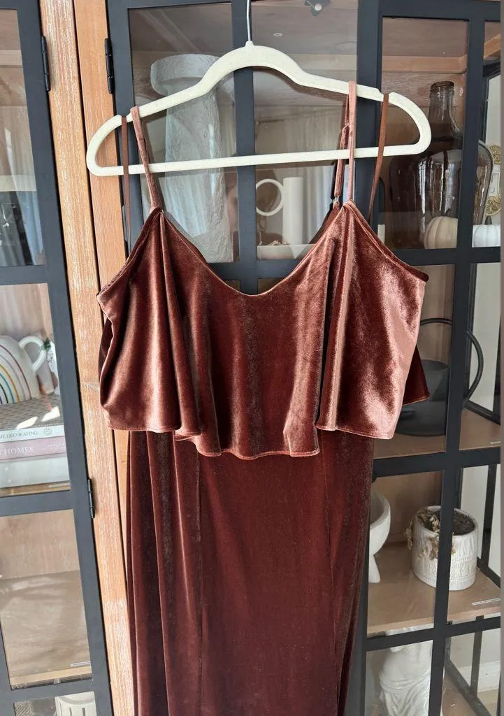 Revelry Riley Convertible Velvet Dress gown rust off shoulder maxi fit flare Orange Size 14 - Image 9