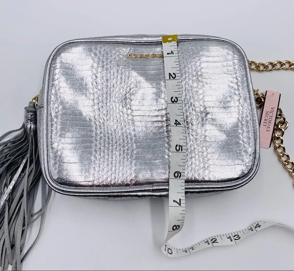 NWT Victoria’s Secret Metallic Silver Embossed Tassel Crossbody Bag Purse - Image 6