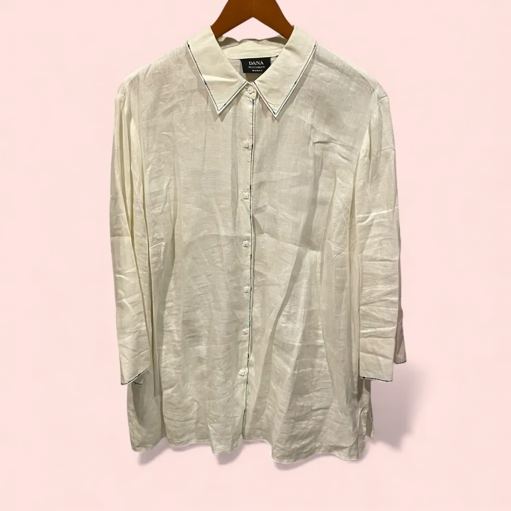 Lovely vintage 90s Dana Buchman linen square button creamy blouse blue trim - Image 3