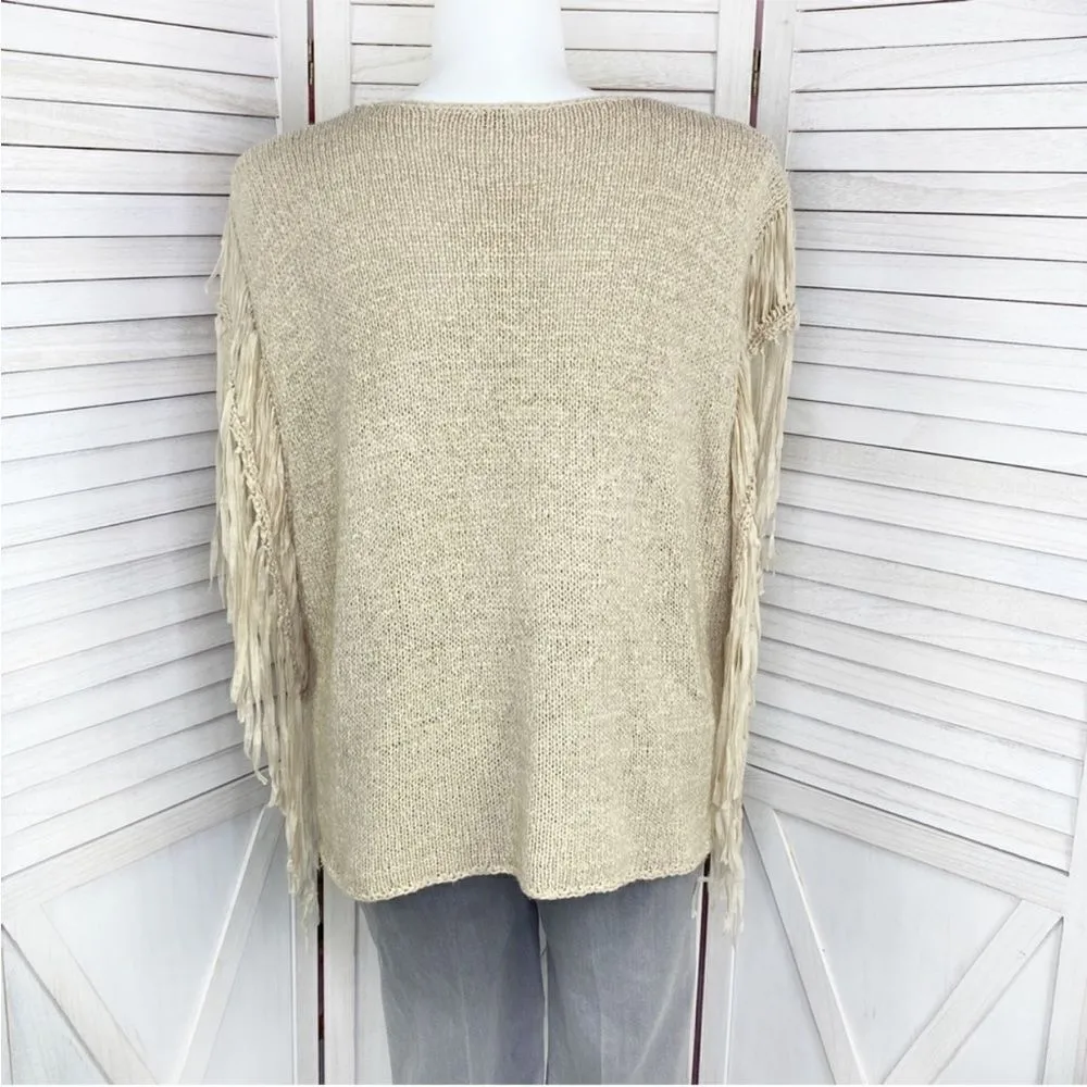 Chico’s Fringe Sleeve Boho Western Tarrin Tape Knit Poncho Sweater Tan Large XL - Image 4