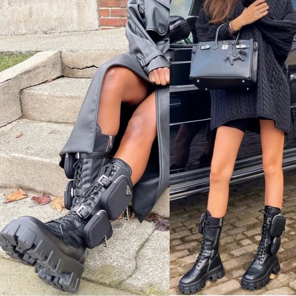 Prada Monolith Black Leather Combat Boots With Removable Pouches Tall Boot Sz 37 - Image 2