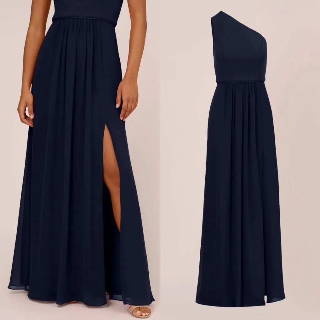 Adrianna Papell Chiffon One Shoulder Maxi Dress Gown Pleated Navy Blue 14 - Image 3