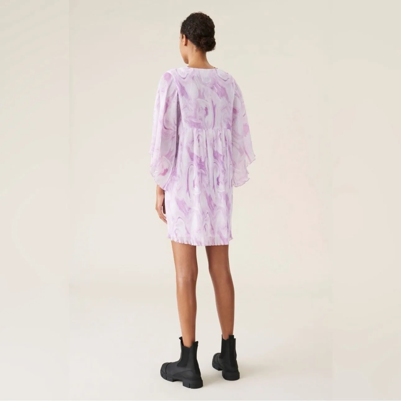 GANNI Orchid Bloom Pleated Georgette Mini Dress Sz S/M - Image 4