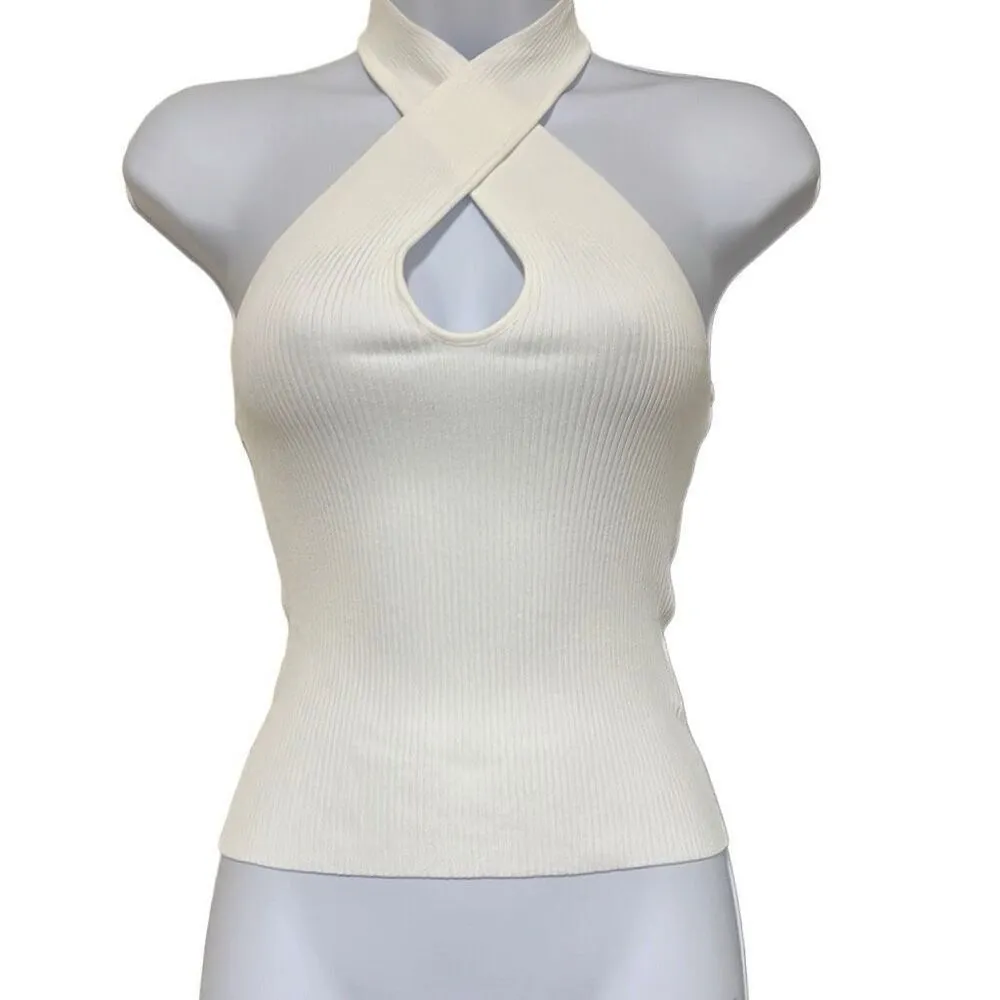 Minkpink White Halter Cross Over Tank Top Ribbed Cutout Medium NWT Coastal Sexy - Image 2