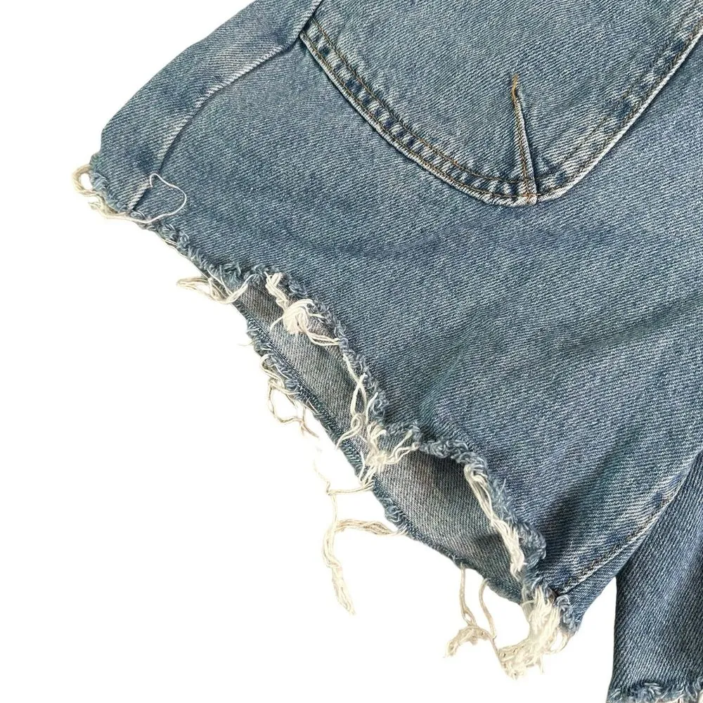 ZARA High Waisted‎ Denim Shorts Paperbag Waist Frayed Hem Size 0 Blue BOHO - Image 6