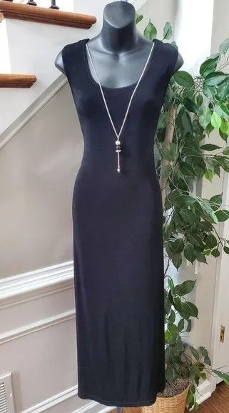R&M Richards Women Black Acetate Scoop Neck Sleeveless Long Maxi Dress Size 14P - Image 1