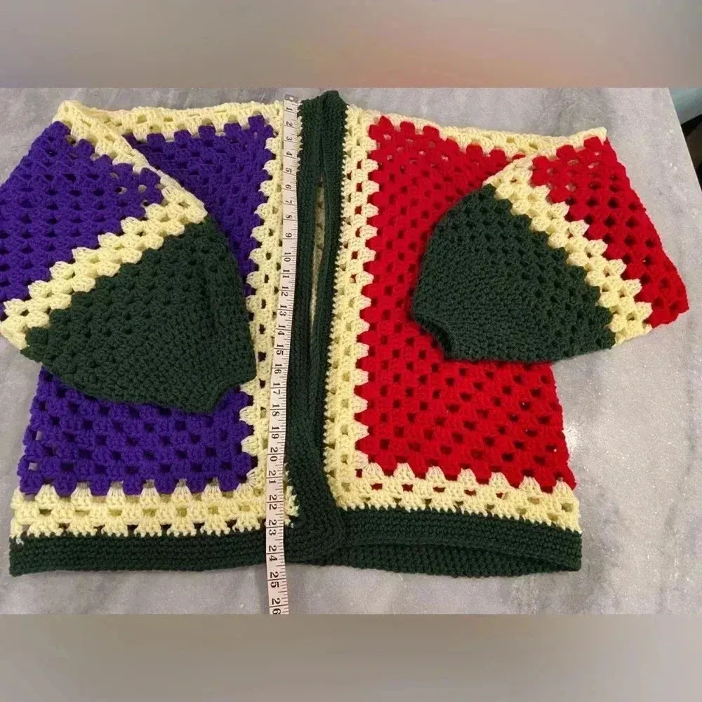 Handmade Crochet Oversized Hexagon Granny Square Open Front Cardigan Sweater OS - Image 5