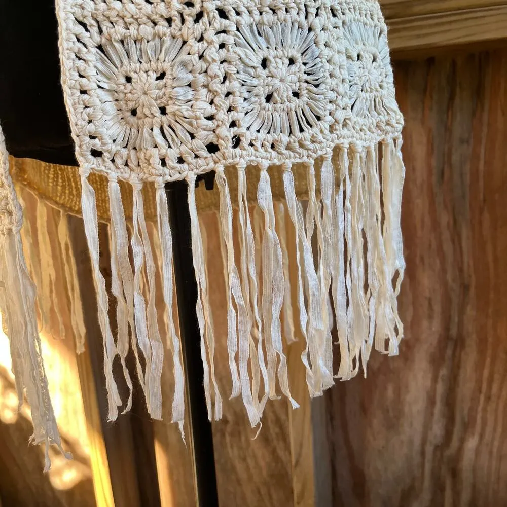 Reba Women's Tan Crocheted Open Vest Cardigan Fringe Trim Size M - Image 5