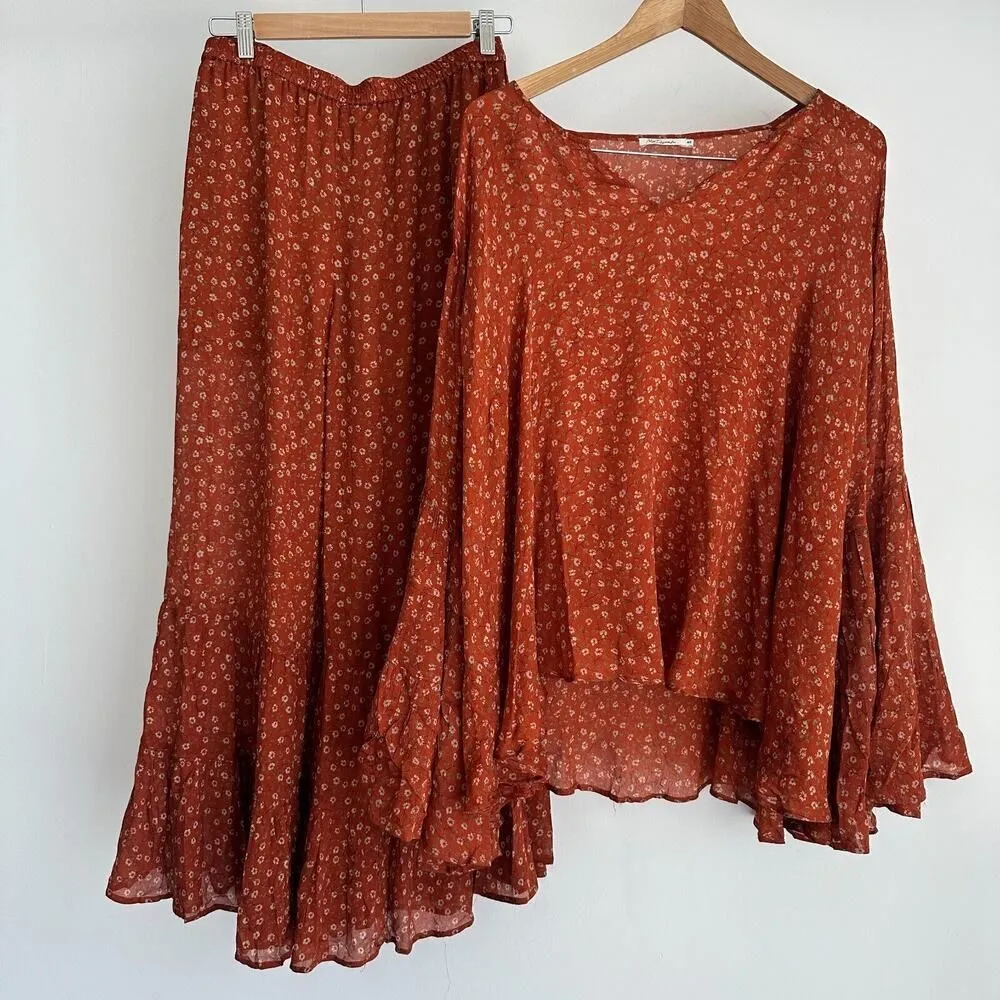 Mes Demoiselles Matching Set 38 40 Rustic Silk Boho Flowy Blouse Wide Leg Pants Orange Size 6 - Image 1